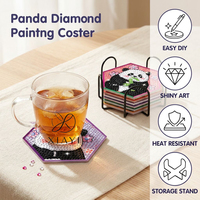 Ensemble de 8 dessous-de-verre en peinture diamant Panda, design zen asiatique, forme hexagonale en bois, support de tasse, tapis isolant pour tasse à café