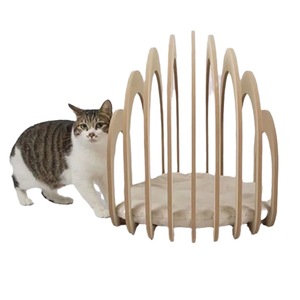 Creative Curved Design Solid Wood Cat <b>Bed</b> Oval Natural Wood Color Faux Fur Fill Cat <b>House</b> - Product Image 5