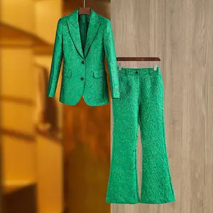 新款dropshipping顶级品质热销时尚绿色提花刺绣图案裤子夹克表演套装两件套