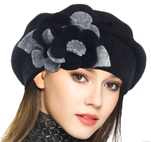 Béret en laine 100% pour femme, chic, à motif floral, chaud, en feutre, style artiste, pour l'hiver - Product Image 1