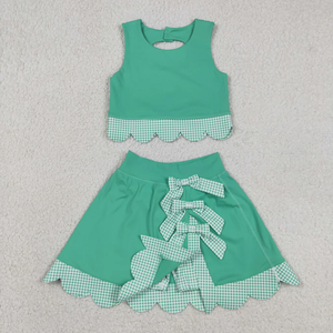 Conjunto de Ropa Deportiva para Niñas Pequeñas, Estilo Yoga, Verano, Sin Mangas, Falda Escocesa Verde con Volantes y Lazos - Product Image 2