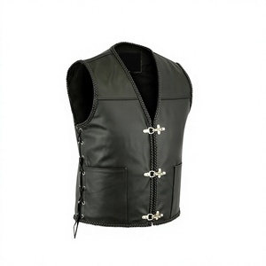 Gilet de motard en cuir véritable respirant pour homme, col en V, couleur unie, avec poches et fermeture latérale à lacets, vêtement d'extérieur d'hiver - Product Image 2