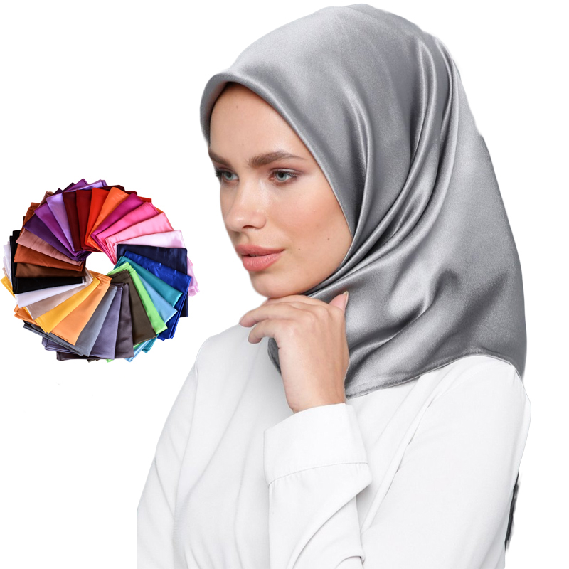 Wholesale new 90*90 malaysia Solid color satin square muslim silk scarf for women monochrome cheap hijab other scarves