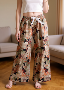 Pantalon Harem Long Taille Haute Élastique avec Cordon de Serrage Imprimé Floral Bohème Coupe Ample Été Femme Mousseline Polyester Coton - Product Image 3