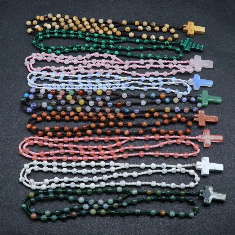 Christian Knotting Mala Beads Meditasi Yoga Batu Alam Manik-manik Kristal Batu Permata Salib Liontin Mala Rosario Kalung Pria Wanita