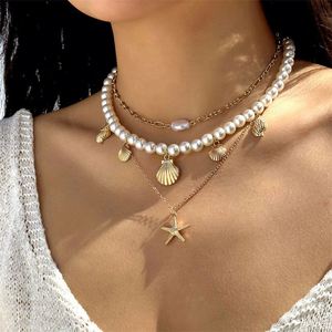 European American Summer Fashion Women's Alloy Multi-layer Pearl Starfish Shell Link <b>Chain</b> Necklace 3-Piece <b>Cross</b>-Border Set - Product Image 2