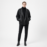 Veste Courte Décontractée pour Femme en Peau d'Agneau Plongée Non Enduite Noire, Coupe Oversize, Coupe-Vent Hiver, Col Large, Style Rétro, Col Cranté