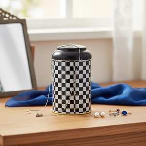 Kontensan EF115G8 1.2L Round Metal Tin with <b>Dome</b> Lid Checkerboard Pattern 105x150mm for Jewelry Organizers - Product Image 3