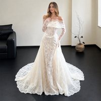 Robe de mariée en dentelle ivoire, épaules dénudées, manches longues Bardot, corset, traîne sirène, bordure festonnée, sur mesure, vente en gros