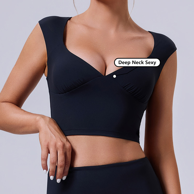 Wholesale Biodegradable Women Compression T Shirt Sport Bra for Woman Workout Fitness Crop Top Stretch Soft Deep V Neck Yoga Top