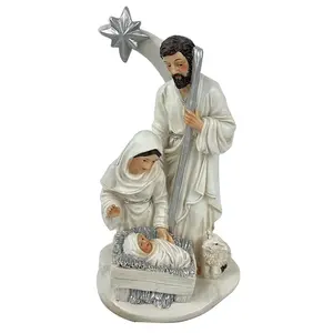 White resin Christmas statue of the Holy Family with Stars Catholic gift Church of the Nativity decoration