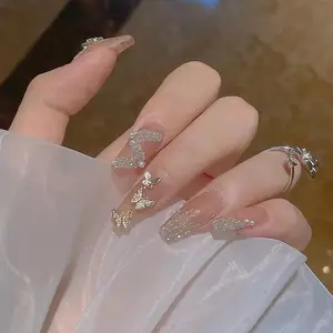 2021 fabbrica unghie finte fiocco 3D diamante lucido mucca stampa Design francese lunga bara stampa sulle unghie unghie artificiali per le donne