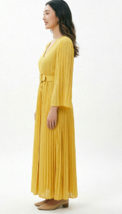 <span class=keywords><strong>Vestido</strong></span> Maxi Amarillo con Cuello en V y Pliegues, Mangas Farol, Falda en Línea A con Cinturón, Elegante para Invitadas a Bodas de <span class=keywords><strong>Verano</strong></span> - Product Image 2