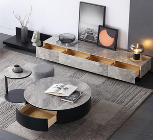 Meuble <span class=keywords><strong>TV</strong></span> moderne et simple, ensemble complet avec meuble surélevé et table basse ronde de luxe en plaque de roche - Product Image 5
