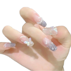 24 pezzi punte per unghie con farfalla lampeggianti in argento con chiusura a stampa completa su unghie finte artificiali Nail Art fai-da-te in stile francese - Product Image 1