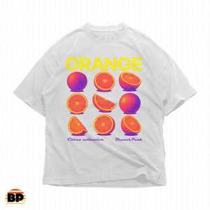 T-shirt Grafica Collezione Agrumi Arancioni Neon Y2K Streetwear Oversize Stile Retrò Frutta Estetica per Donna Uomo - Product Image 1