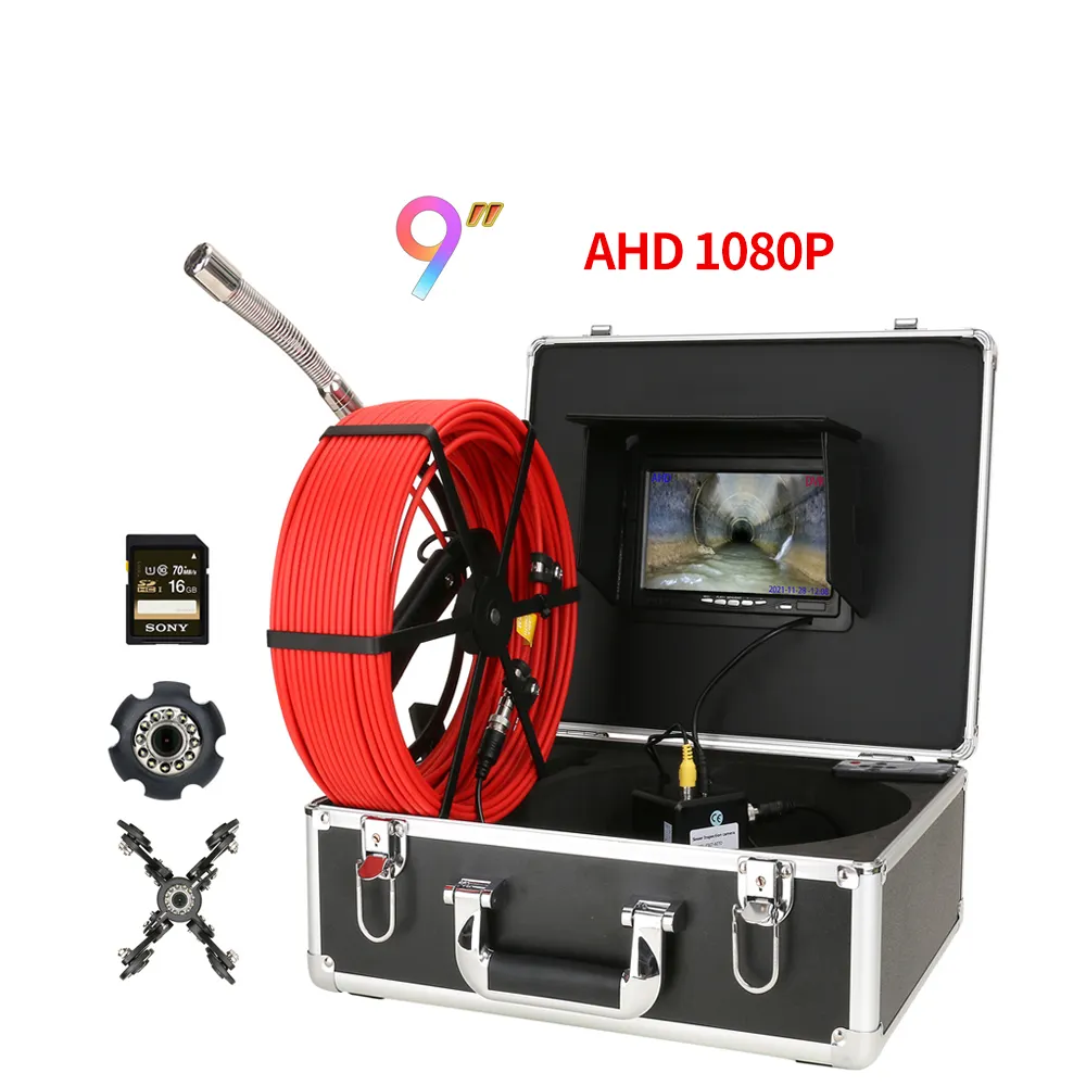 9" Monitor AHD 1080P DVR Sewer Pipe Inspection Video Camera 20M-50M IP68 Drain Sewer Pipeline Industrial Endoscope System 512Hz