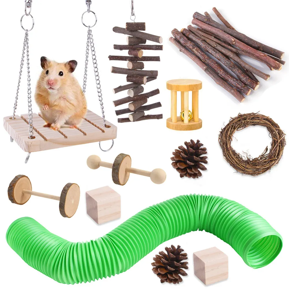 12 Pack Hamster Toys Set, Natural Wood Guinea Pig Rabbit Amusement Toys Accessories for Small Animal Pets Chewing and Teeth Car