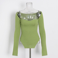 Damen pullover Langarm Vierkant ausschnitt Schulter unregelmäßig Slim Fit Bottom ing Top Einfarbige Pullover Pendler Strickwaren