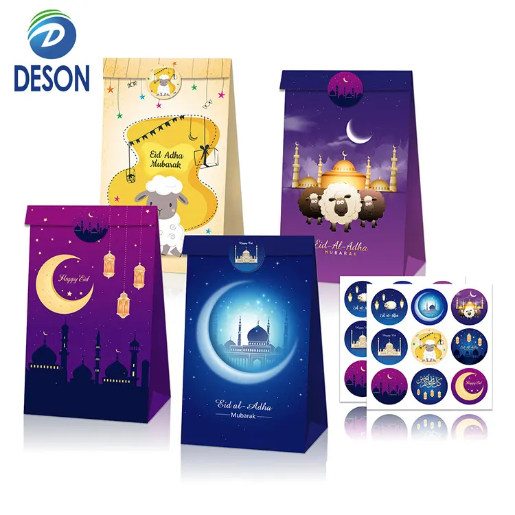 Desoen Ramadan Kareem Classic Eid Mubarak Patronen Groothandel Custom Design Blauwe Ramadan Opvouwbare Traktatie Dozen Met Handvatten