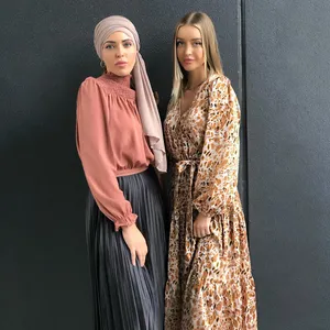 Baju Muslim Wanita Motif Bunga, Baju Muslim Wanita Lengan Panjang, Sabuk Tali Elegan, Rok Panjang Atas Lutut, Motif Bunga, Baju Islami Turki, Model Baru, untuk Wanita