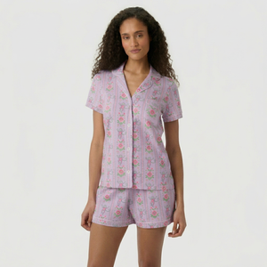 Conjunto de Pijama Ecológico de Satén con Estampado Floral Rosa para Mujer, con Mangas Cortas y Botones, para Verano/Otoño/Primavera - Product Image 1