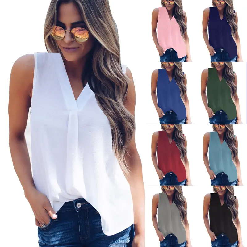 Custom V-neck Sleeveless Chiffon Shirt Vest Plus Size Summer Tops Fashionable Women Blouses