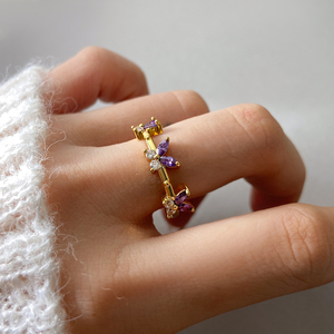 Dainty Multi Butterfly Open Band <b>Ring</b> Brass 18K Gold Plated Marquise Purple Cubic Zirconia <b>Statement</b> <b>Ring</b> Bulk - Product Image 2