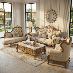 Ensemble de canapés en bois sculpté de luxe, <span class=keywords><strong>canapé</strong></span> en tissu classique de style européen royal <span class=keywords><strong>pour</strong></span> villa, hall d'hôtel, projet personnalisé FF&E - Product Image 1