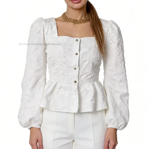 Women's Jacquard Square Neck Puff Sleeve Peplum Blouse - Button-Front Casual <b>Top</b> Shirt Fashion - Product Image 6