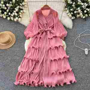 Vestido Midi Plisado con Cuello Vuelto Estilo Vintage Primavera 2025 para Mujer, Manga Linterna, Estampado Digital Casual con Volantes y Encaje - Product Image 3