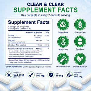 Acentiallabs Maximizador de Crecimiento en Altura Directo de Fábrica, 60 Cápsulas, Suplemento de Calcio D3 Zinc L-Arginina para Adolescentes Mayores de <span class=keywords><strong>12</strong></span> Años, Venta al por Mayor - Product Image 5