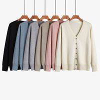 Cárdigan clásico con cuello en V para mujer, abotonado, manga larga, tejido de punto fino, puños y dobladillo acanalados, informal, cómodo, para oficina y uso diario.