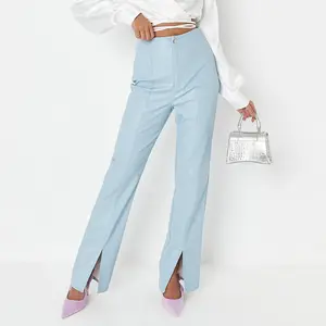 Pantalon droit en Faux cuir pour femme, coupe Crocodile, taille haute, bleu à jambe droite, avec ourlet fendu, nouveauté,