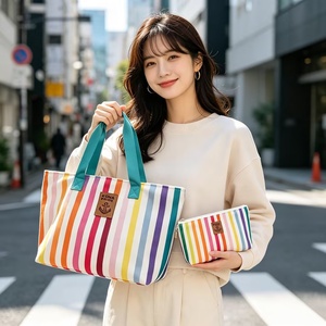High End Customize Rainbow Striped Canvas Tote Bag Sets with <b>Small</b> Zipper Bag Travel Shopping Tote <b>Purse</b> with Fast Delivery - Product Image 2