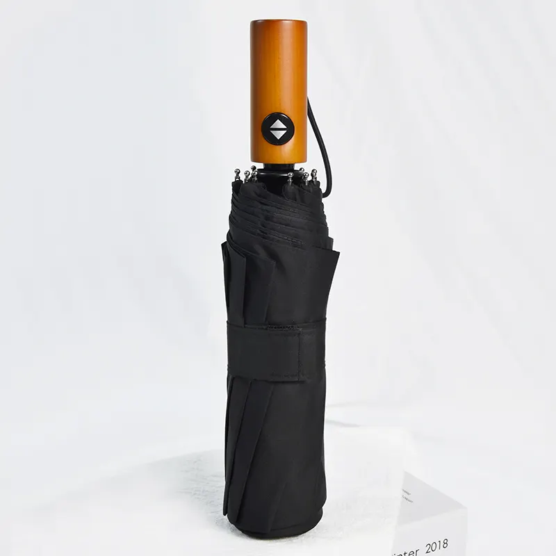 Bereit zum Versand schwarzer Modes chirme 3 klappbarer Holzgriff Regenschirm automatisch kein Minimum