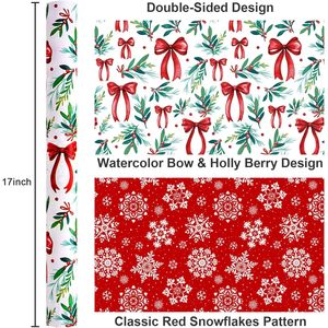 Rouleau de papier cadeau de Noël 17 pouces x 33 pieds, réversible, motif aquarelle houx, nœud et flocon de neige, pour emballage cadeau et artisanat - Product Image 3