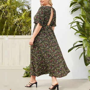 Ladies Custom Floral Printed <strong>Dress</strong> V Neck a Line <strong>Plus</strong> <strong>Size</strong> Cut Out Women Maxi Summer <strong>Dresses</strong> - Product Image 3