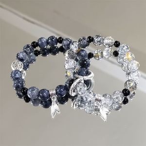 Pulsera de Cuentas de Cristal Negro Popcorn Cracked con Dije de Hoja y Color Degradado, Estilo Fantasía de Moda, para Mujer y Niña, Pulseras de la Amistad, Joyería - Product Image 1