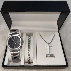 Reloj Poedagar 613 Montre Square de Cuarzo, Elegante Juego de Joyería de 4 Piezas con Accesorios Plateados + Caja Negra, Regalo de Moda para Hombre - Product Image 3
