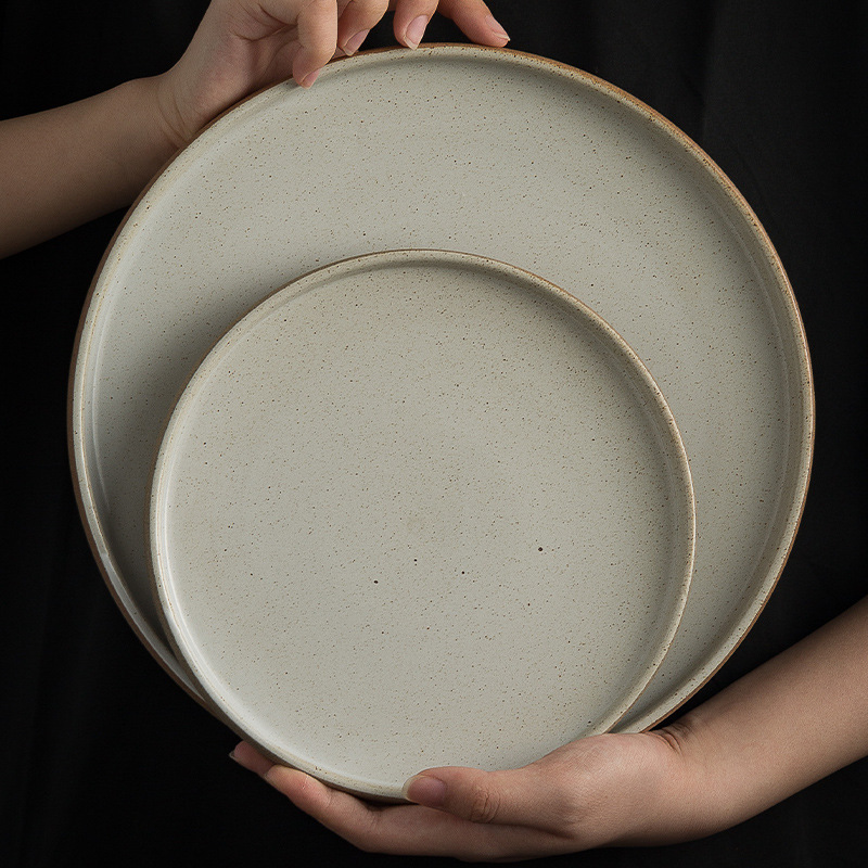 Japanese Round Stoneware Matte Ceramic Dinner Plate Retro Steak Pasta Pizza Cold Tray Show Platter Dinnerware