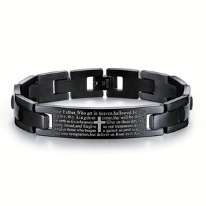 สร้อยข้อมือและกำไลข้อมือแฟชั่นผู้ชายสแตนเลสสตีล 316L ลาย Cuban Link พร้อมจี้รูปกางเขนและข้อความจากพระคัมภีร์ - Product Image 1