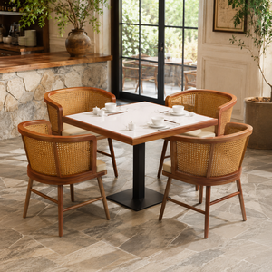 Ensemble complet de mobilier éco-responsable pour restaurants et cafés, avec tables et chaises en bois et métal, sièges banquette et comptoir de bar - Product Image 4