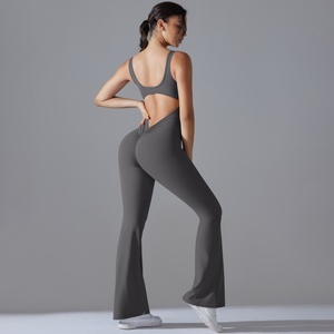 Combinaison de yoga et de gym sans manches à col en V pour femme, ensemble complet avec leggings évasés fendus, tenue de fitness pour femme, vente chaude - Product Image 6