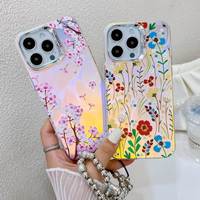 Coque de téléphone haut de gamme en TPU IMD électroplaqué et givré au laser pour 16 Pro Max 15 14 13 Plus, série Fleur, dégradé, avec cordon, Ins A34 A55