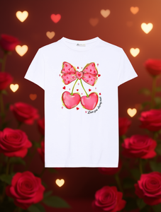 T-shirt da donna con stampa fiocco e ciliegie, manica corta, girocollo, vestibilità regolare, 100% cotone, stile primavera estate - Product Image 2