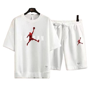 Set kaus pria Cross Border, setelan sederhana warna Solid leher bulat kasual + celana tipis kasual dua potong musim panas 2023 - Product Image 1