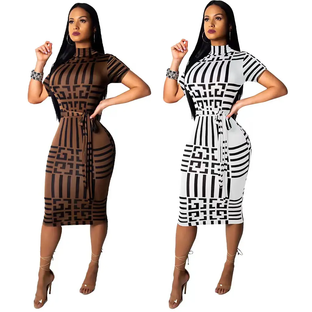 Z93069 Summer 2022 dresses Print With Belt Turtleneck Short Sleeve womens business dress