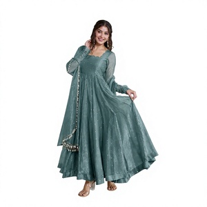 <b>Teal</b> Floor-Length Anarkali <b>Suit</b> With Embroidery For <b>Women</b> Traditional Indian Wear Wedding Style Loose Fit Rayon Dress - Product Image 1