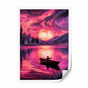 Stampa Giclée <span class=keywords><strong>su</strong></span> <span class=keywords><strong>Tela</strong></span> in Poliestere 30x40cm, Tramonto Viola sul Lago con Pescatore, Stile <span class=keywords><strong>Van</strong></span> <span class=keywords><strong>Gogh</strong></span>, Arte Murale Digitale HD Non Tenduta - Product Image 1
